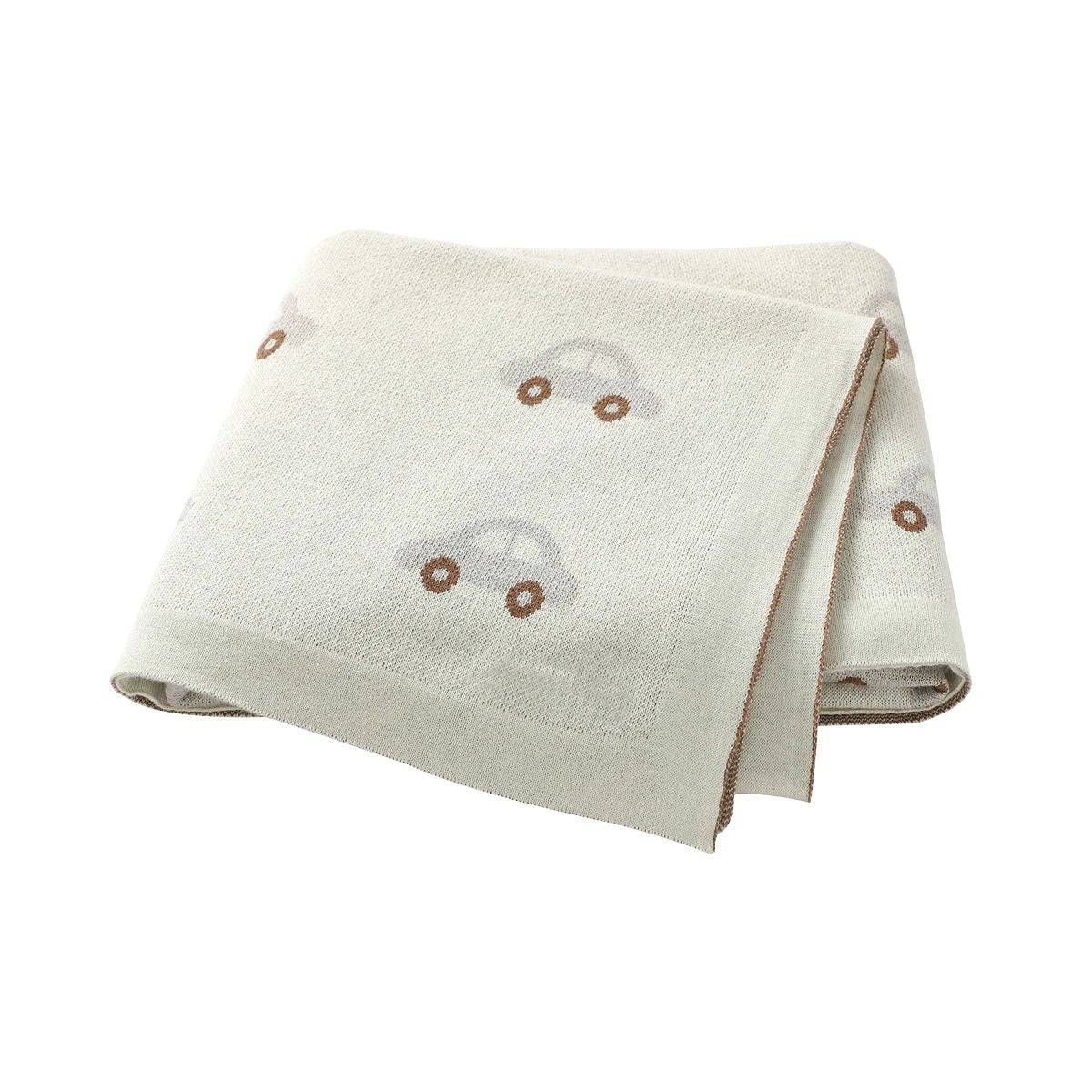 Couverture bébé beige en coton à motifs voitures