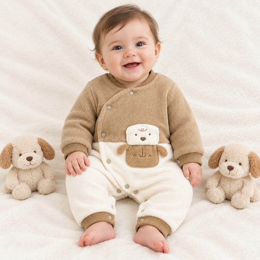 Bébé assis entre deux chiots en peluche, pyjama camel chien