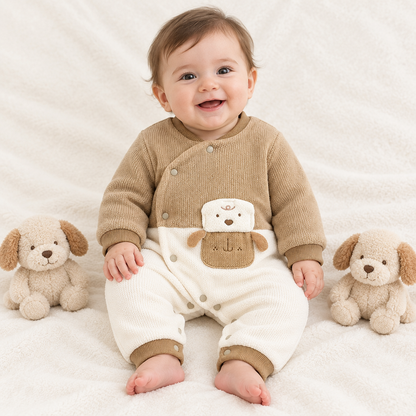 Bébé assis entre deux chiots en peluche, pyjama camel chien