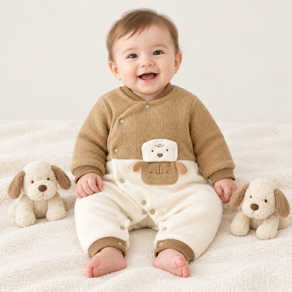 Bébé assis entre deux chiots en peluche, pyjama camel chien