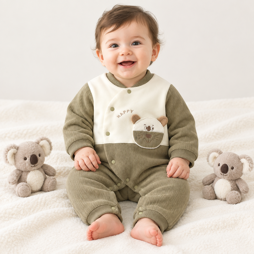 Bébé assis entre deux koalas en peluche, pyjama koala kaki HAPPY