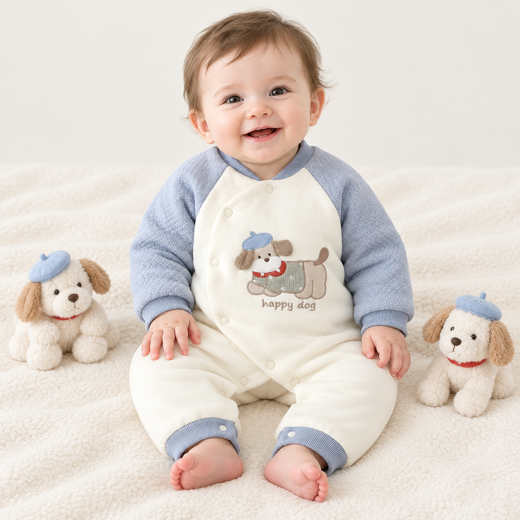 Bébé assis entre deux peluches chiot, pyjama happy dog
