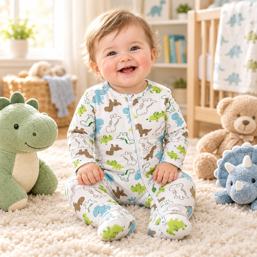 Bébé assis parmi ses peluches (dont la peluche dinosaure), zip corrigé