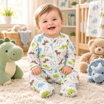 Bébé assis parmi ses peluches (dont la peluche dinosaure), zip corrigé