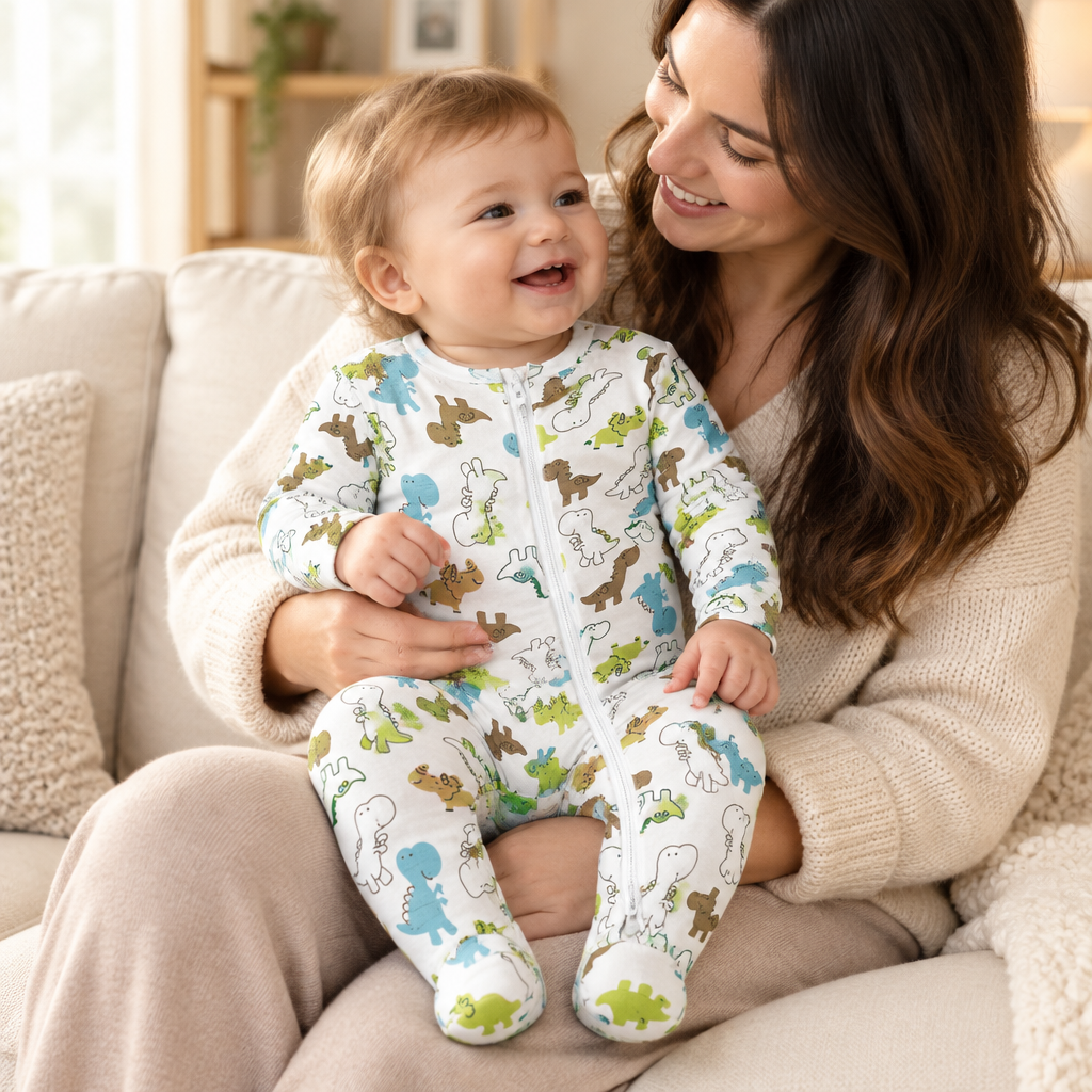 Bébé avec sa maman, pyjama dinosaure, zip corrigé