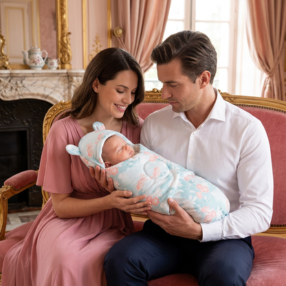 Bébé dans les bras de papa avec maman à ses côtés