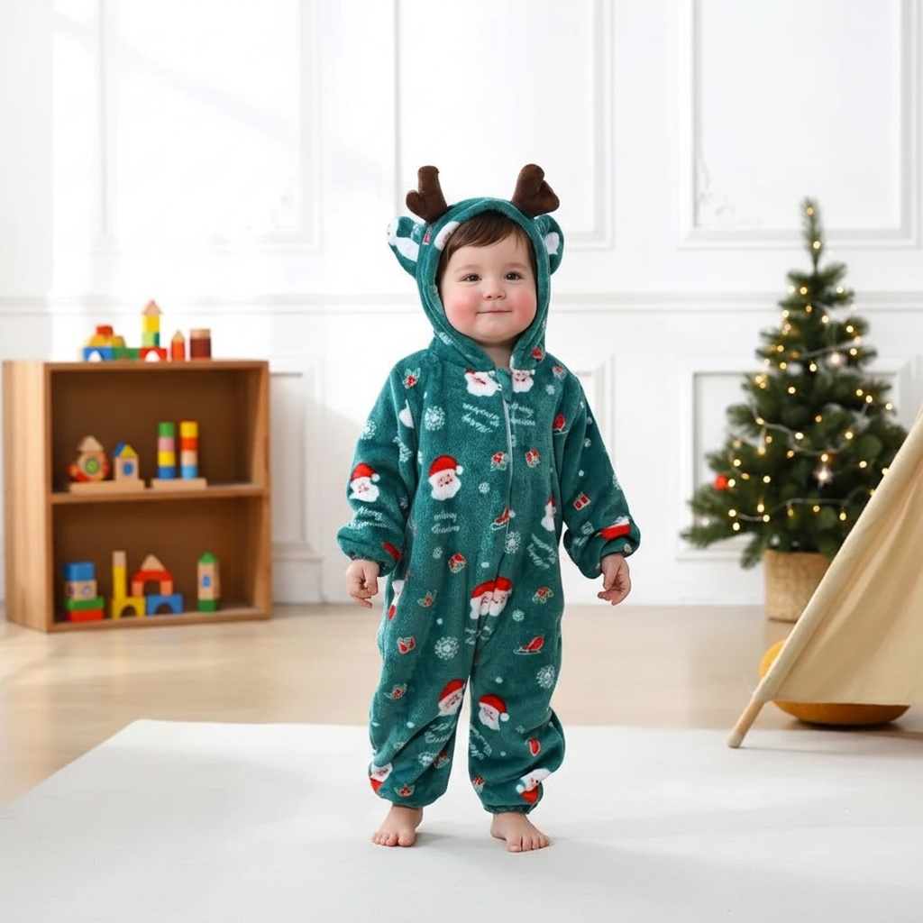 Bébé debout en pyjama vert avec un nouveau visage