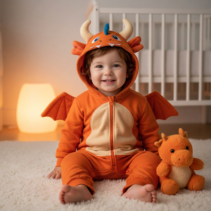 Bébé en pyjama monstre orange assis à côté de sa peluche