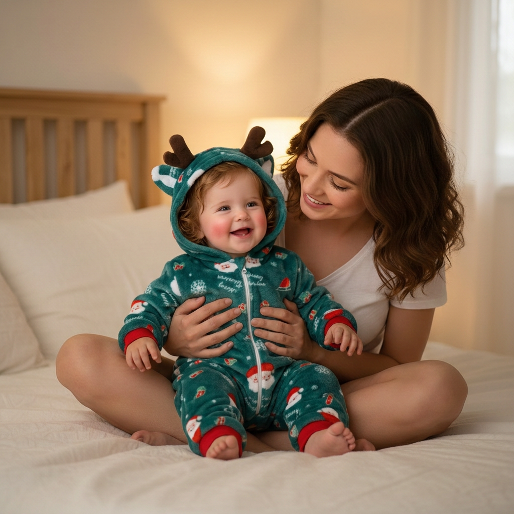 Bébé en pyjama Noël vert avec sa maman