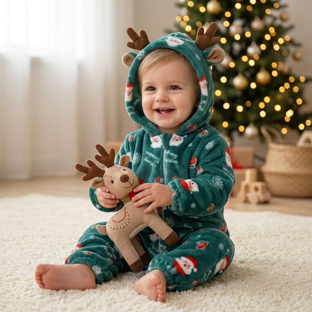 Bébé en pyjama Noël vert, capuche relevée, avec sa peluche renne
