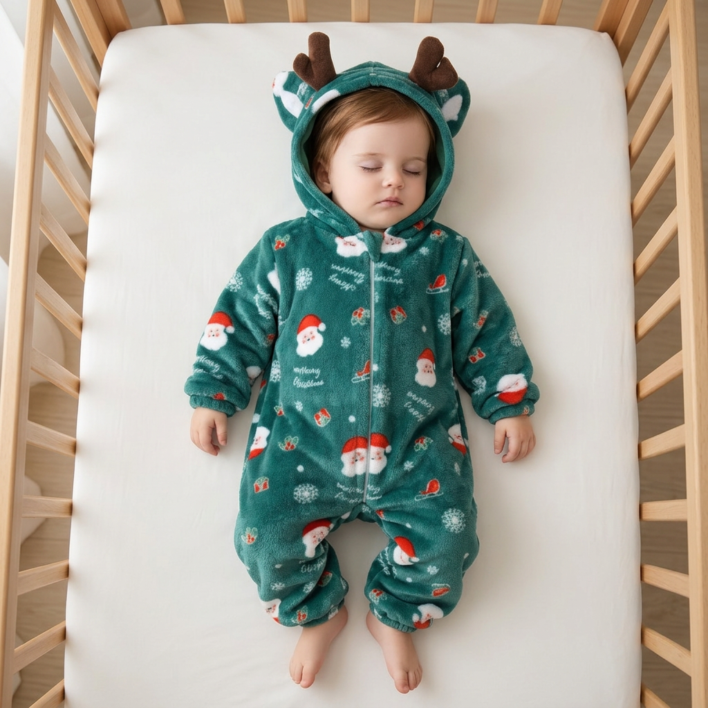 Bébé en pyjama Noël vert, capuche sur la tête et visage dégagé