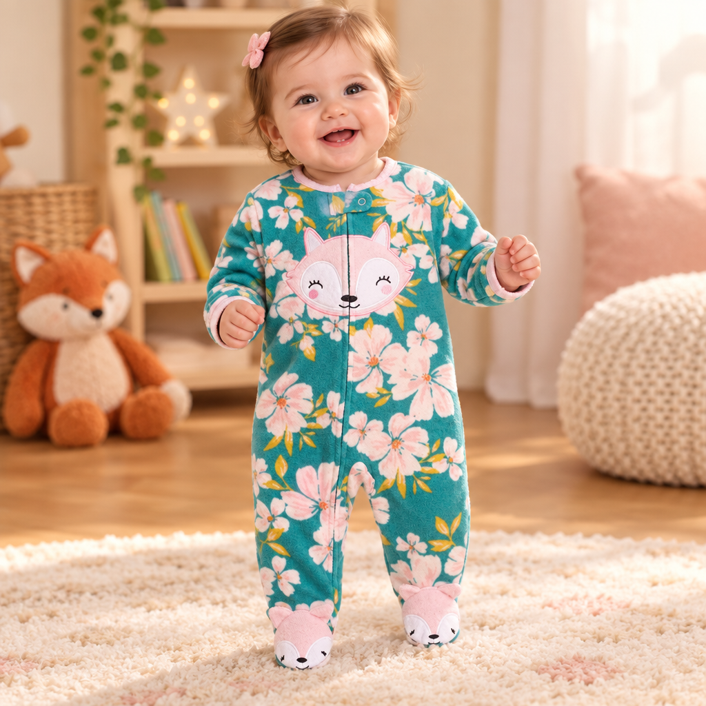 Bébé en scène libre, pyjama fleuri turquoise