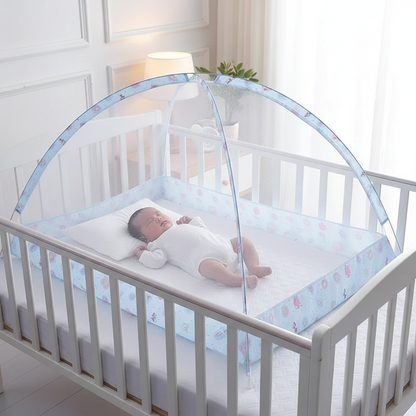 Bébé endormi – moustiquaire bleue – lit de bébé – nursery – 1:1