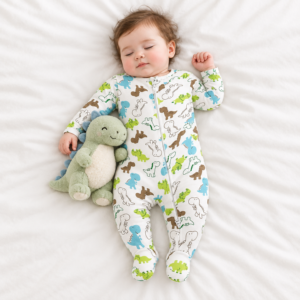 Bébé endormi, pyjama dinosaure, zip corrigé