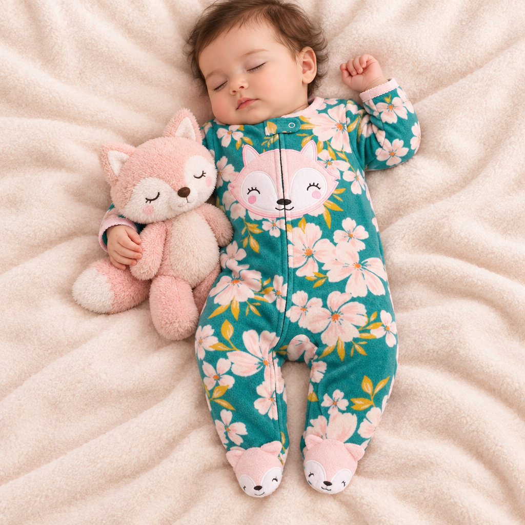 Bébé endormi, pyjama fleuri turquoise