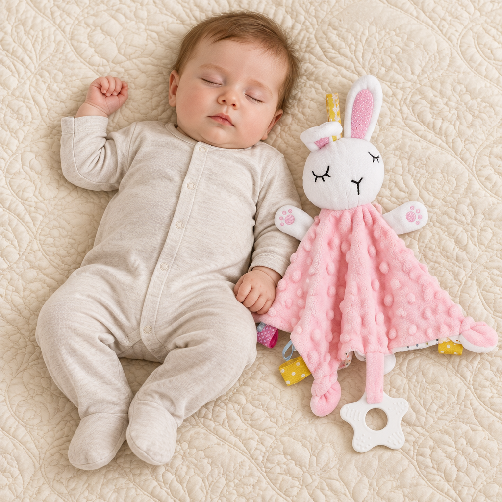 Bébé endormi sur une literie texturée premium, doudou lapin à côté