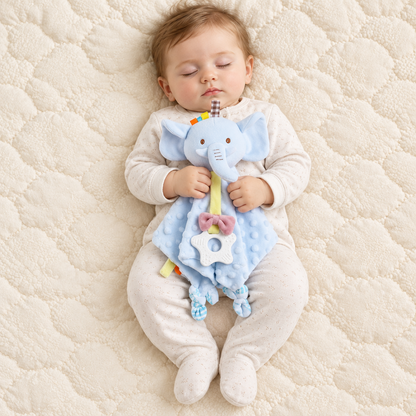 Bébé endormi tenant le doudou éléphant dans ses mains