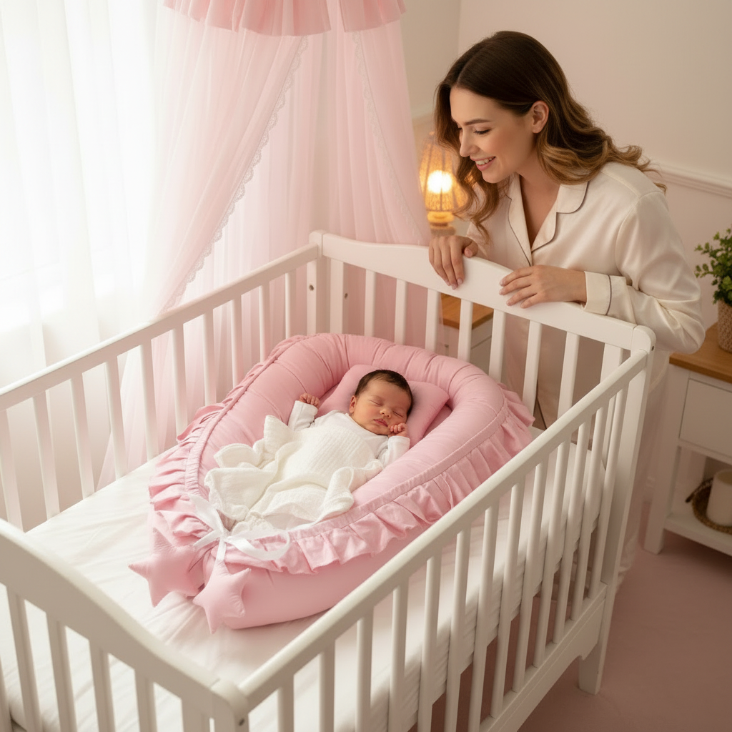 Bébé endormie – réducteur rose – lit bébé – maman souriante – ultra confort – 1:1