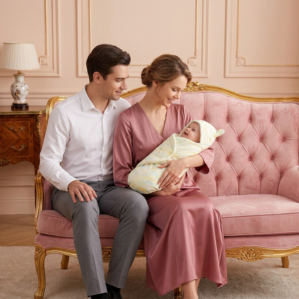 Bébé entre papa et maman dans le décor rose et doré