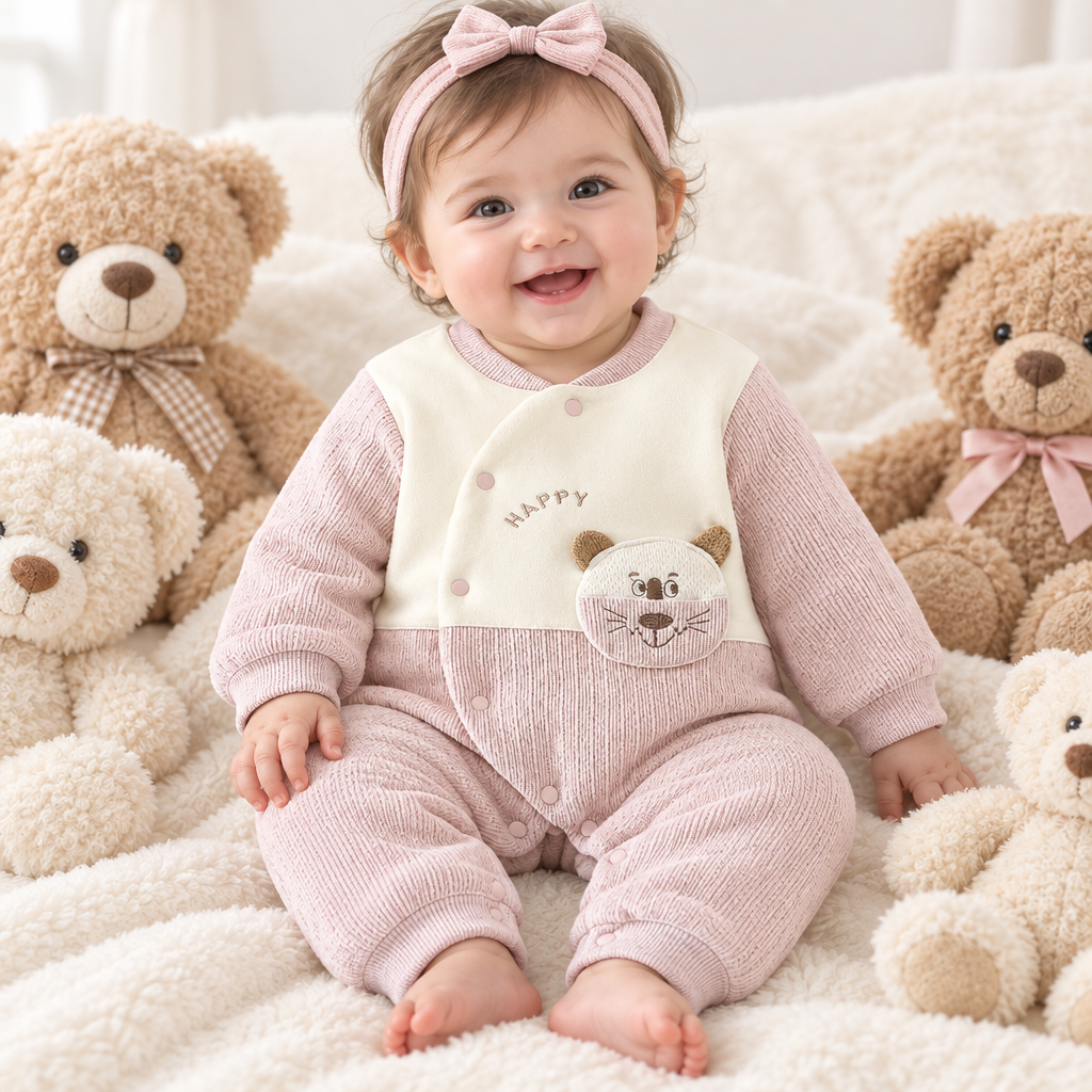 Bébé fille assise entre ses peluches, pyjama identique au produit