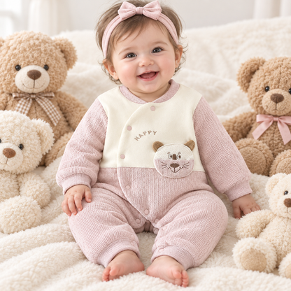 Bébé fille assise entre ses peluches, pyjama identique au produit