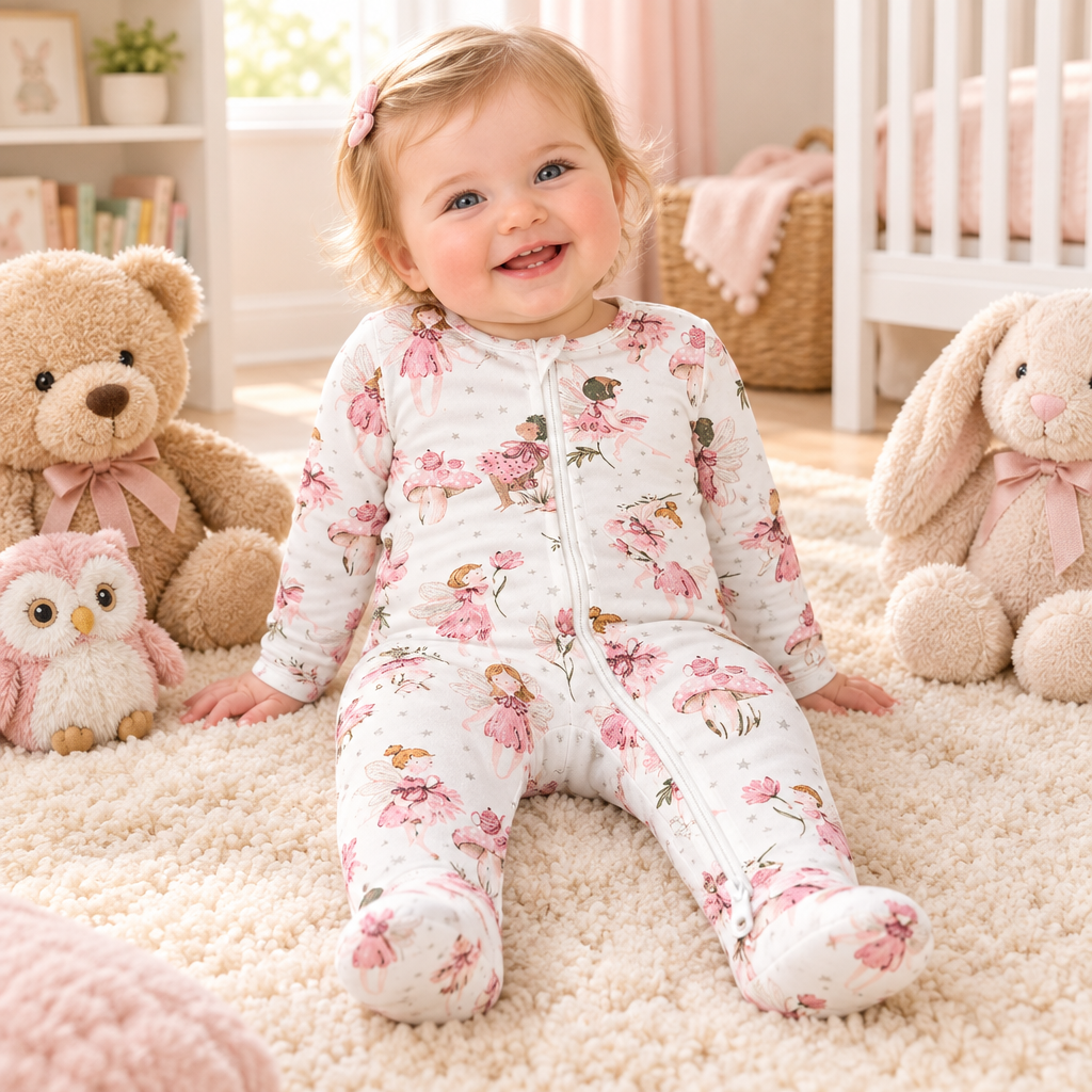 Bébé fille assise parmi ses peluches, pyjama fée rose
