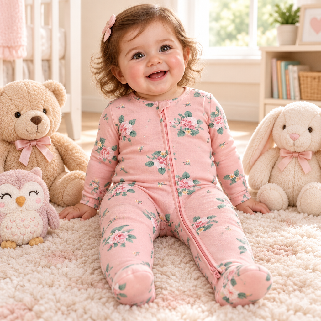 Bébé fille assise parmi ses peluches, pyjama fleuri