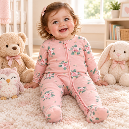 Bébé fille assise parmi ses peluches, pyjama fleuri