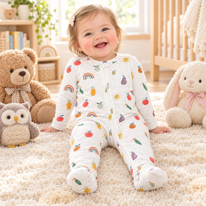 Bébé fille assise parmi ses peluches, pyjama fruits, zip corrigé