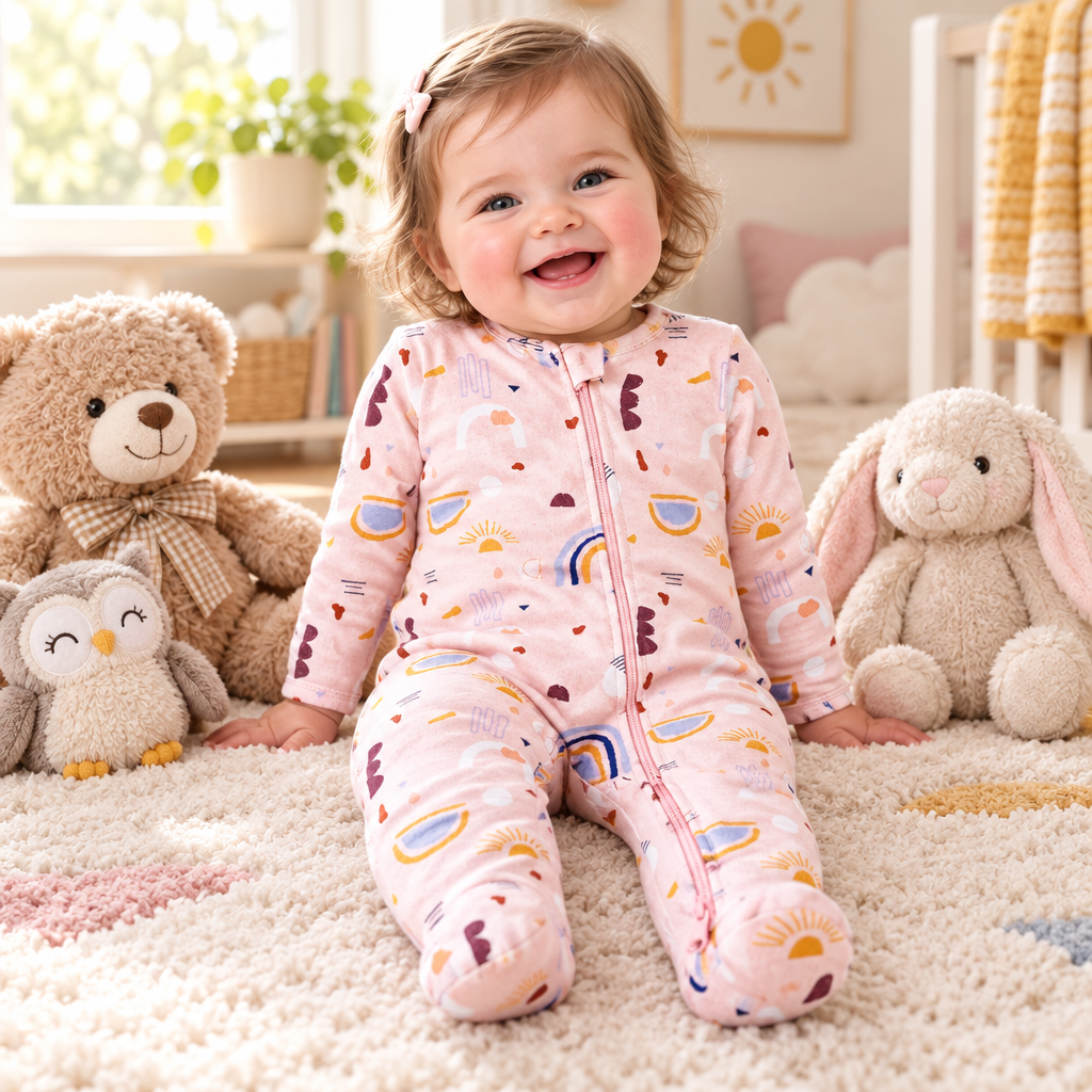 Bébé fille assise parmi ses peluches, pyjama soleil/arc-en-ciel
