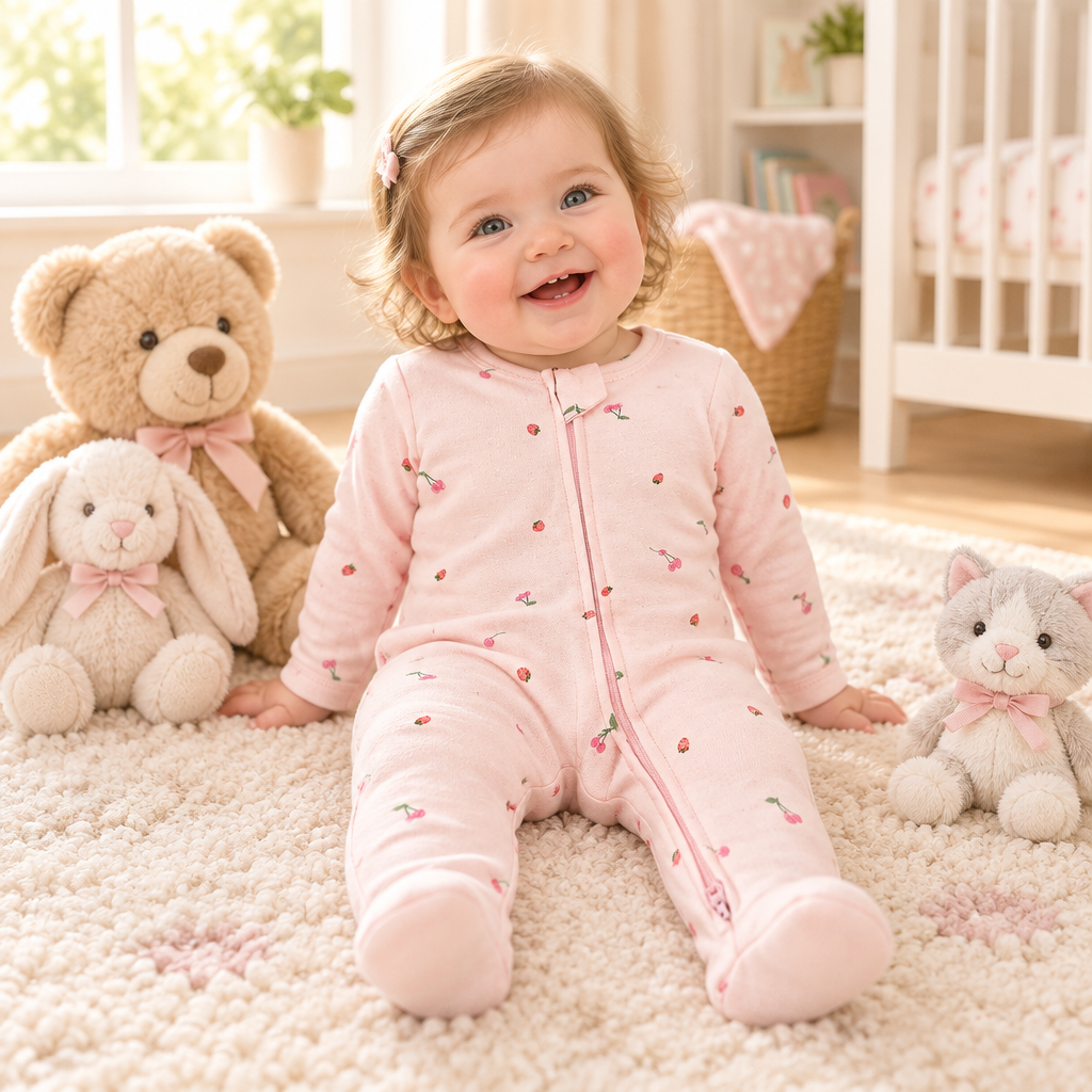 Bébé fille assise seule parmi ses peluches, pyjama cerises/fraises, format carré