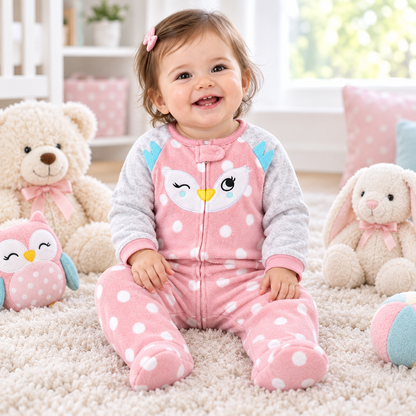 Bébé fille assise sur un tapis avec des peluches, pyjama hibou rose