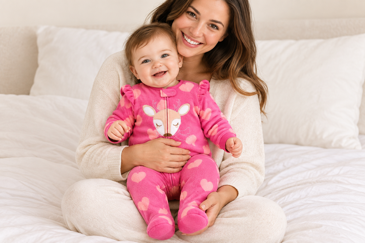 Bébé fille avec sa maman, pyjama biche rose (repris)