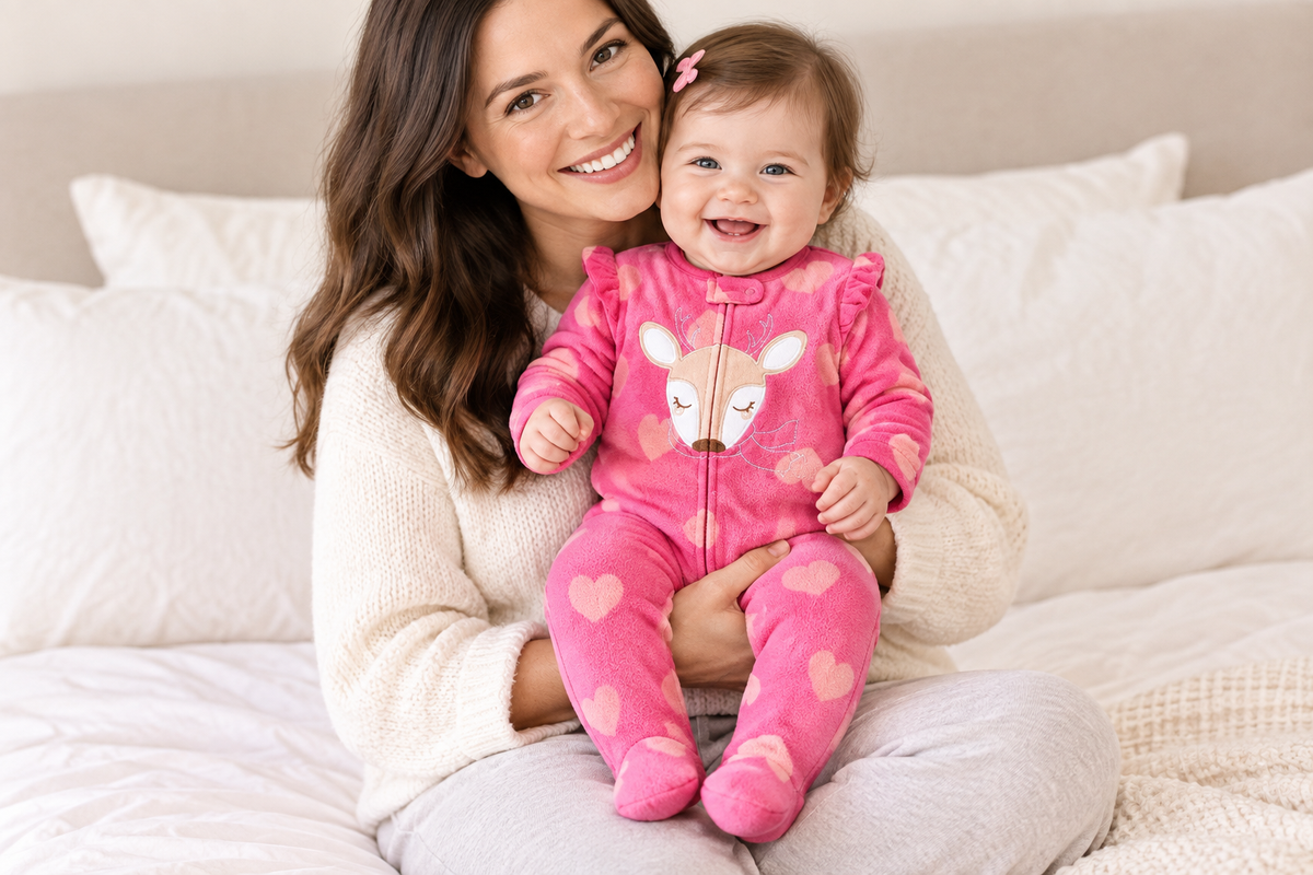Bébé fille avec sa maman, pyjama biche rose