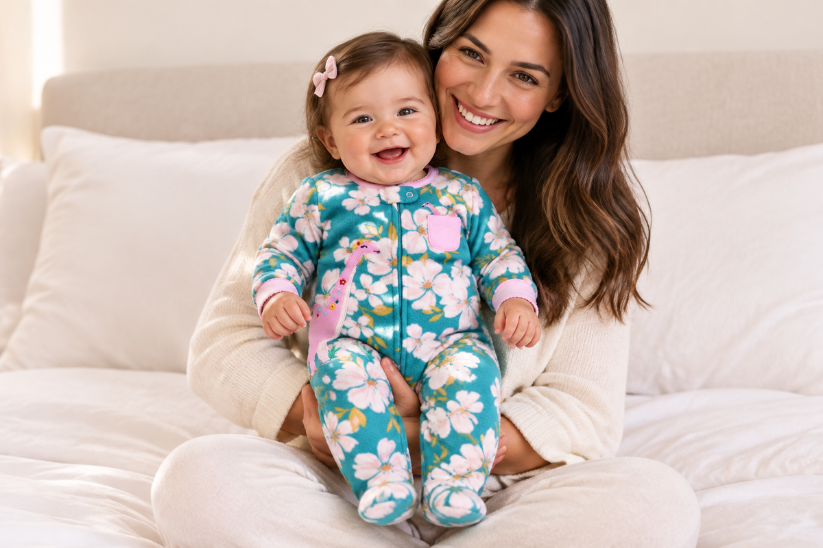Bébé fille avec sa maman, pyjama dinosaure