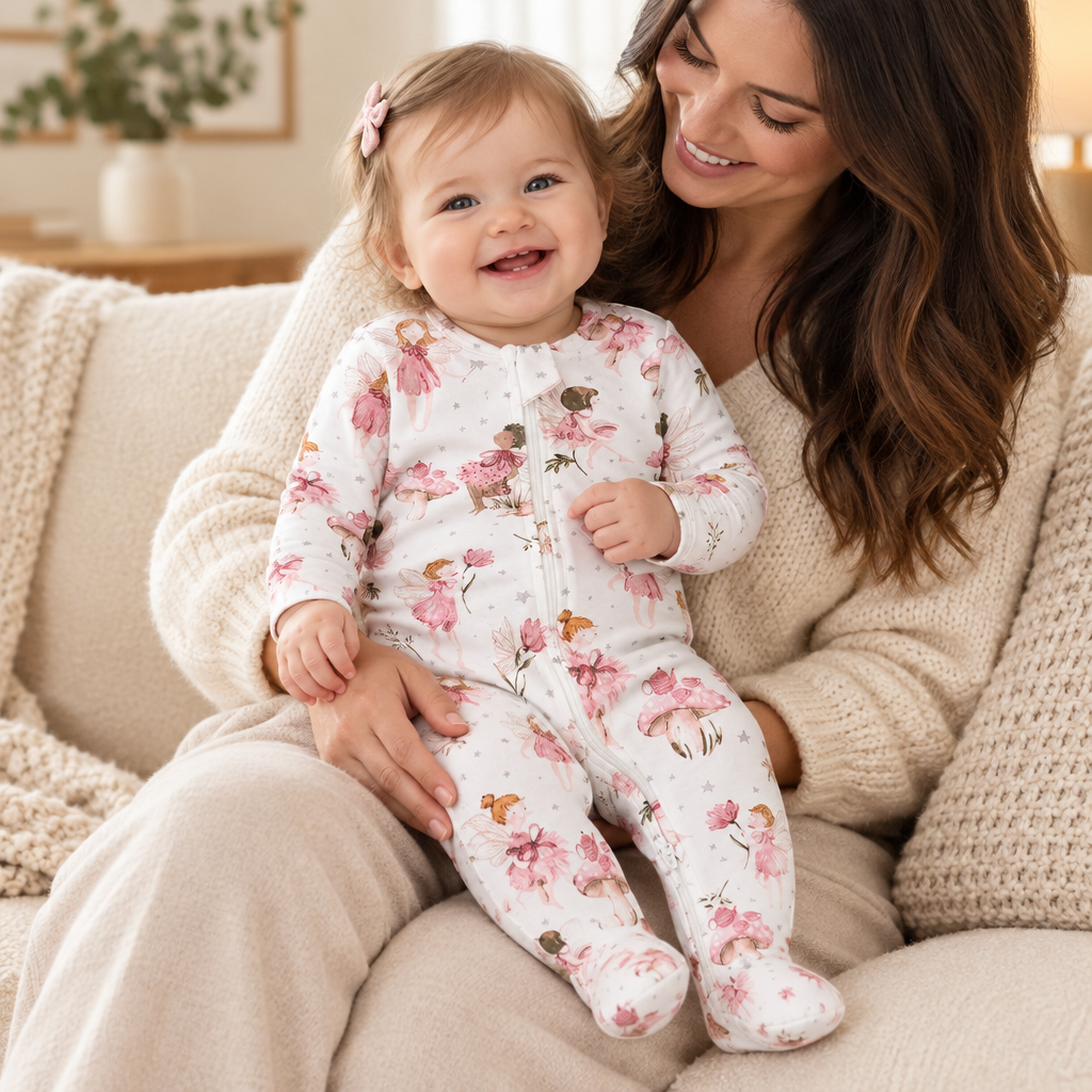 Bébé fille avec sa maman, pyjama fée rose