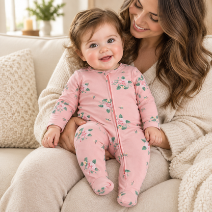Bébé fille avec sa maman, pyjama fleuri