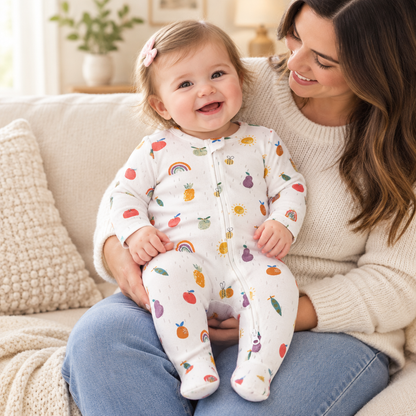Bébé fille avec sa maman, pyjama fruits, zip corrigé