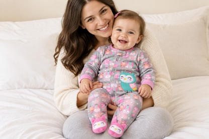 Bébé fille avec sa maman, pyjama gris hibou