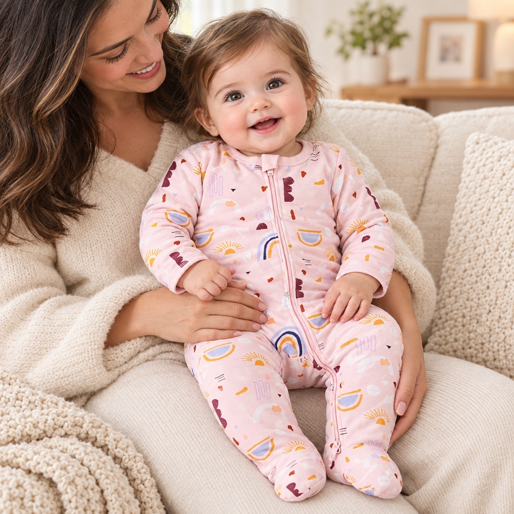 Bébé fille avec sa maman, pyjama soleil/arc-en-ciel