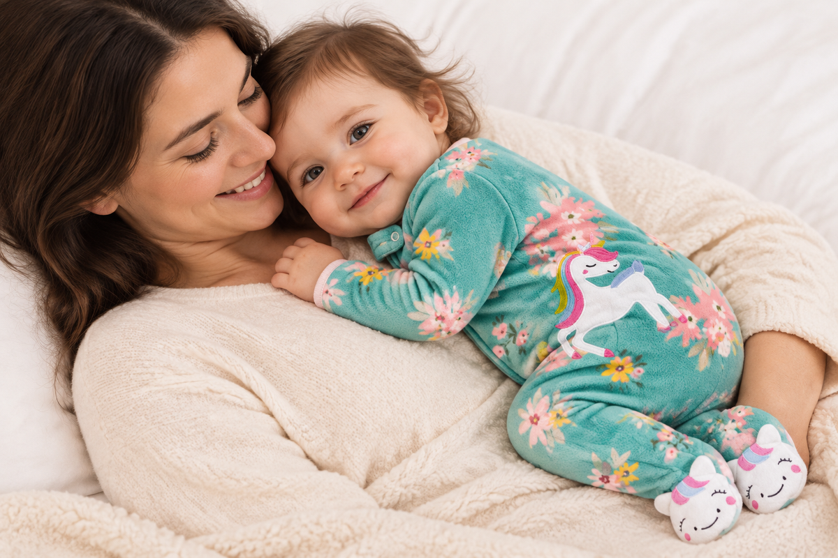 Bébé fille câlinée par sa maman, pyjama licorne floral turquoise