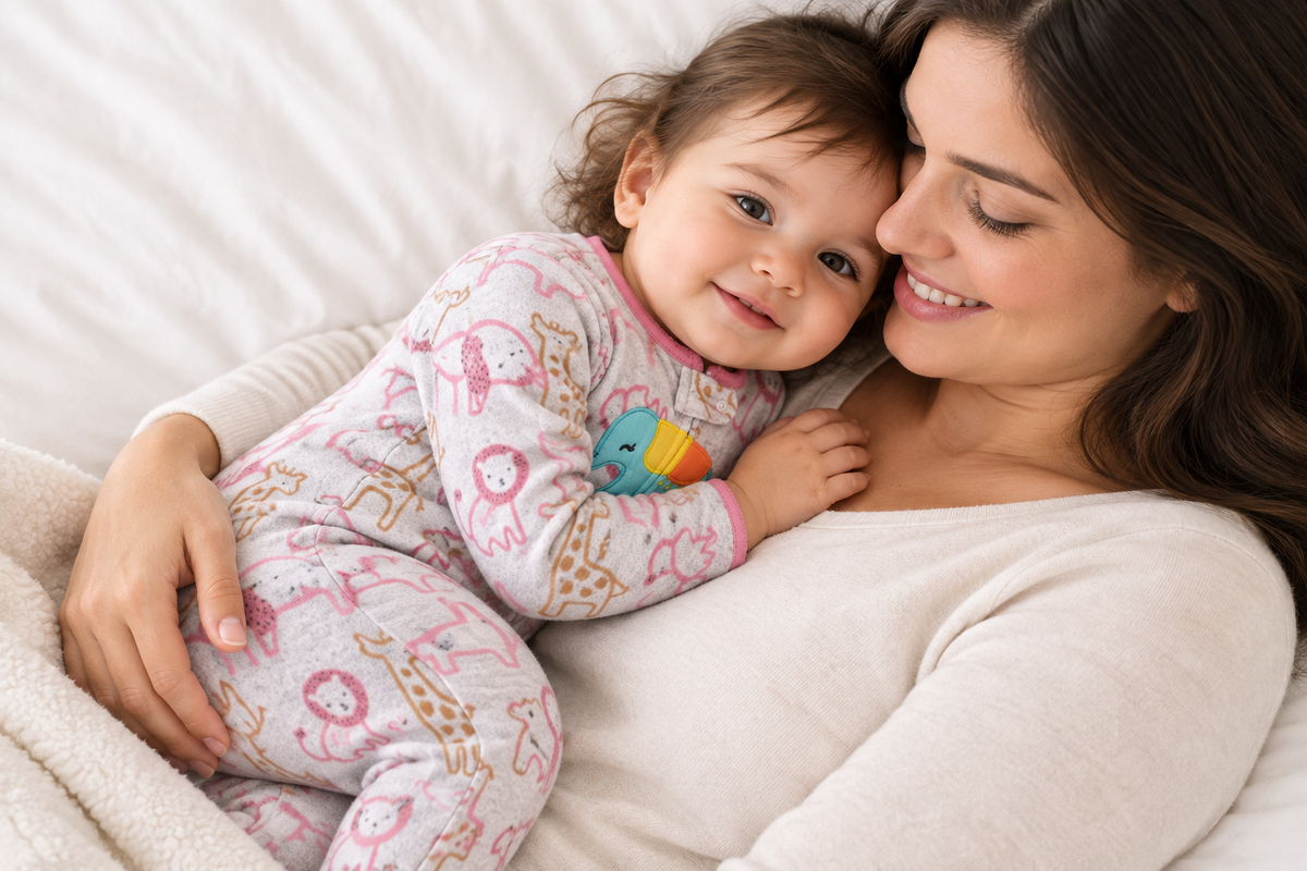 Bébé fille câlinée par sa maman, pyjama safari gris