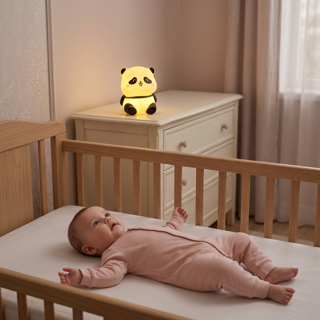 Bébé fille dans son berceau avec la veilleuse panda assis
