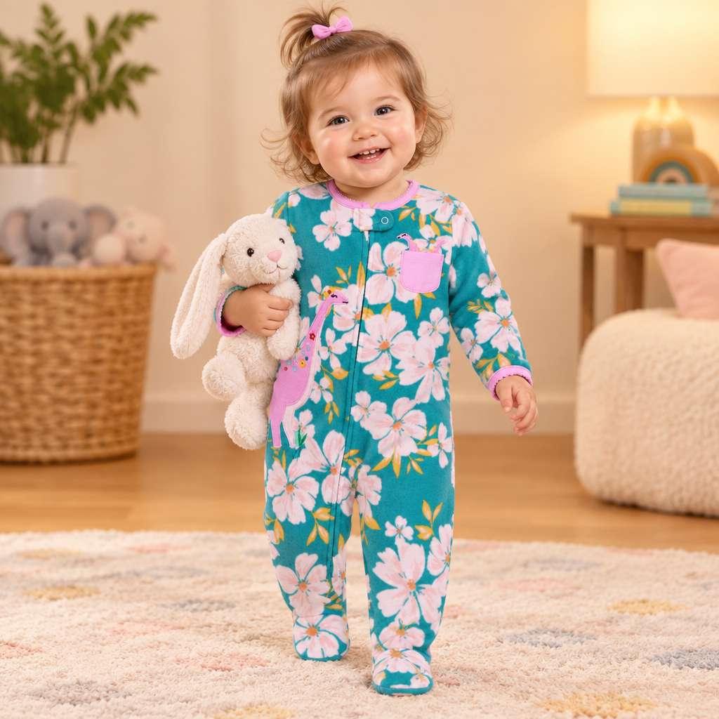 Bébé fille en scène libre, pyjama dinosaure