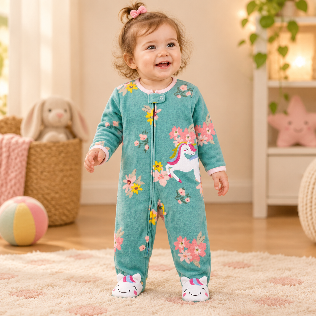 Bébé fille en scène libre, pyjama licorne floral turquoise