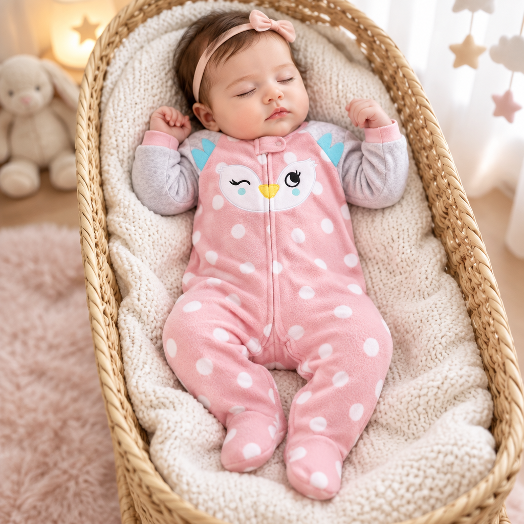 Bébé fille endormie dans un berceau en osier, pyjama hibou rose