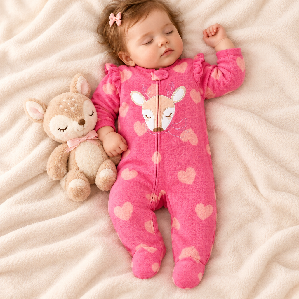 Bébé fille endormie, pyjama biche rose