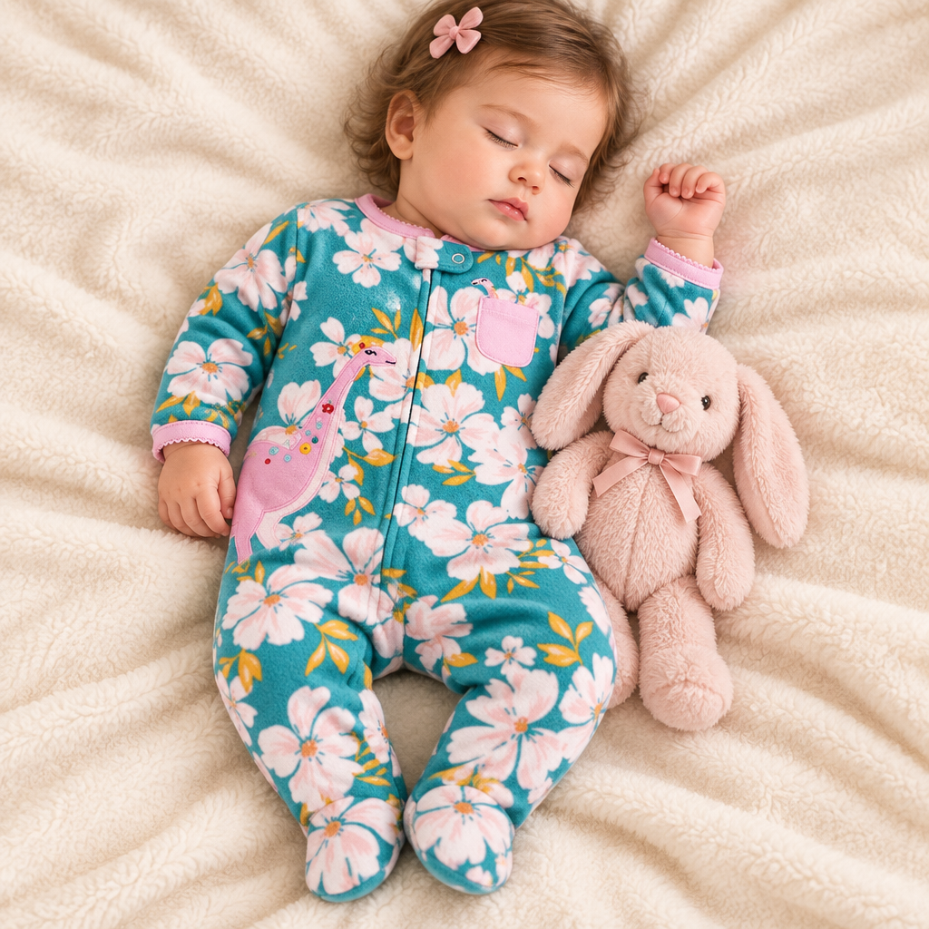 Bébé fille endormie, pyjama dinosaure