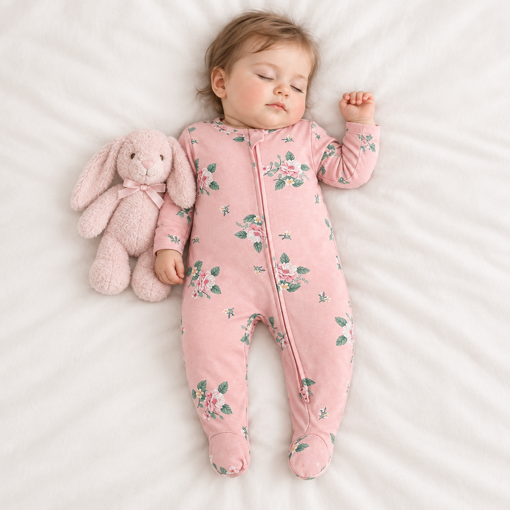 Bébé fille endormie, pyjama fleuri
