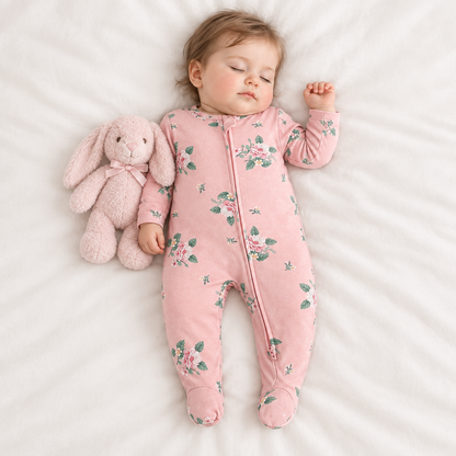 Bébé fille endormie, pyjama fleuri